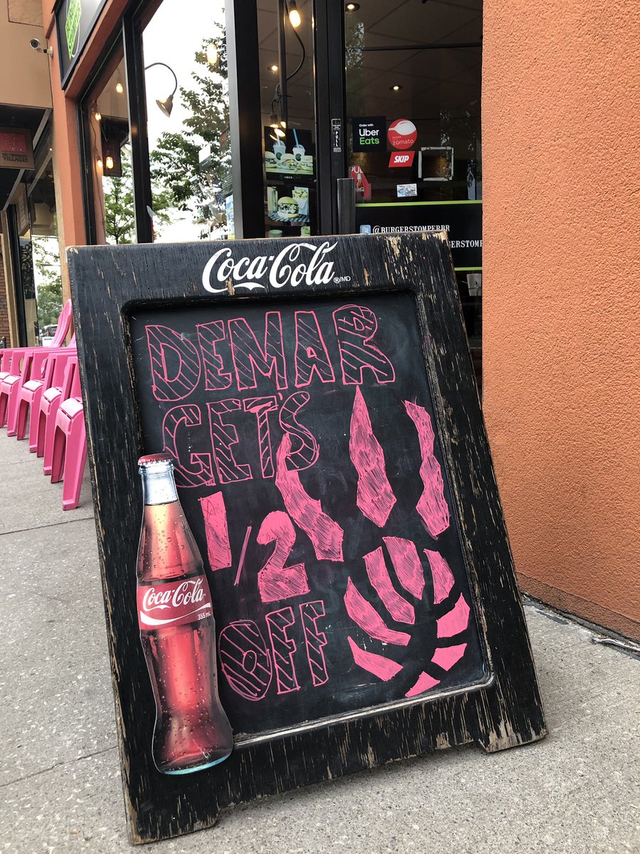 RobinsonMegan's tweet photo. Spotted in my neighbourhood: @BurgerStomperBr on the Danforth. 

Side A v. Side B
#RTZ 
#NBAFinals https://t.co/cqs5KdVijl