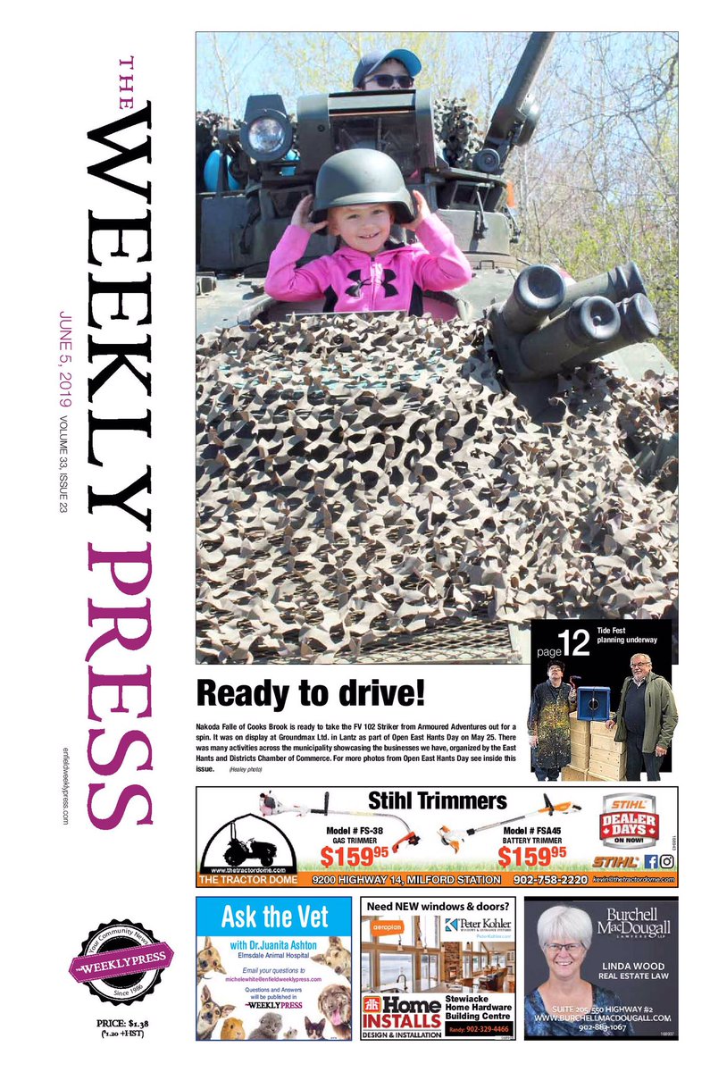 ReprtrPatHealey's tweet photo. I think we have a very cute front page this week in the #WeeklyPress From #OpenEastHantsDay @groundmax in Lantz. #ArmouredAdventures #EastHants https://t.co/uouviPGyRi