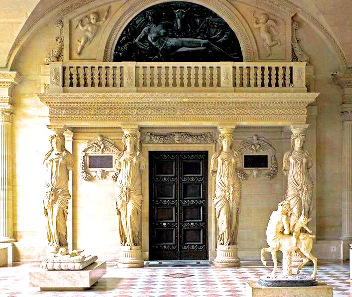 Detail Sculptures from 1550 by Jean Goujan in the entrance of the room of the Caryatids 1510 to 1572 by Louvre Museum.
