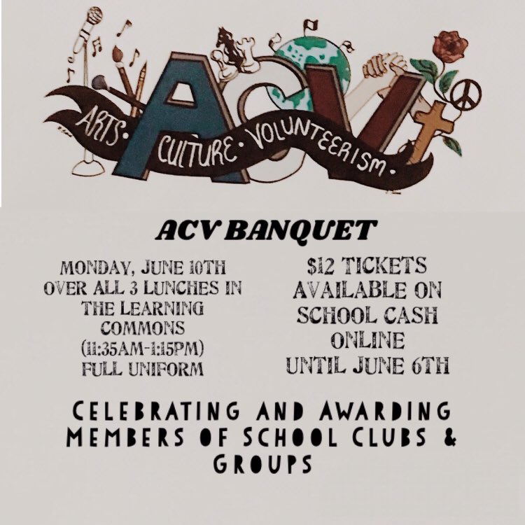 allsaints_sc's tweet photo. If you’ve participated in a School Club or Group this year, you are invited to join us at the Arts &amp; Culture, Volunteerism Banquet. Buy Tickets on School Cash Online, see attached poster for further details. #ACVBanquet #BuyTickets #Celebration #Awards https://t.co/TJQKZLSiVW
