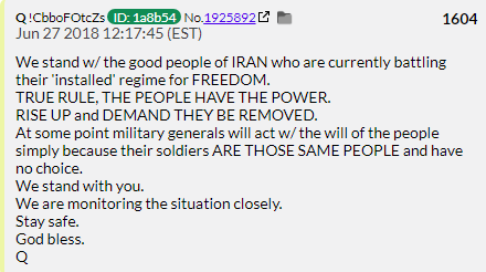 55. QDrop 1604 again tells the people of Iran to topple the Deep State and that the Patriots are monitoring the situation closely. More nothing continues to happen.
