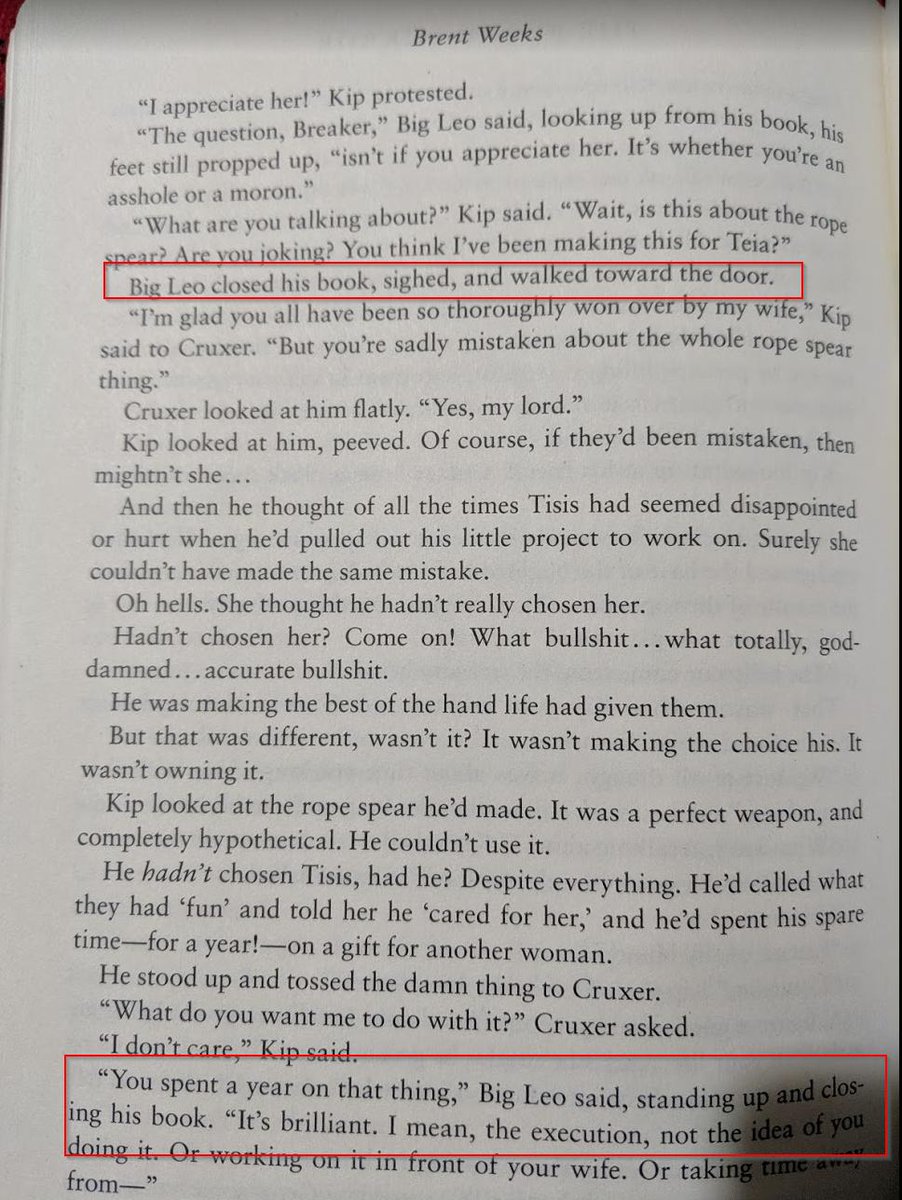 SirCease's tweet photo. Dear @BrentWeeks,
I love your books. 

Doing a re-read of #BloodMirror as I hype up for The Burning White.

I found this at the end of Chapter 74. Has anyone else brought this up? 

Big Leo closes his book and goes from moving towards the door to standing up and closing his book. https://t.co/aLDjUe1Xre