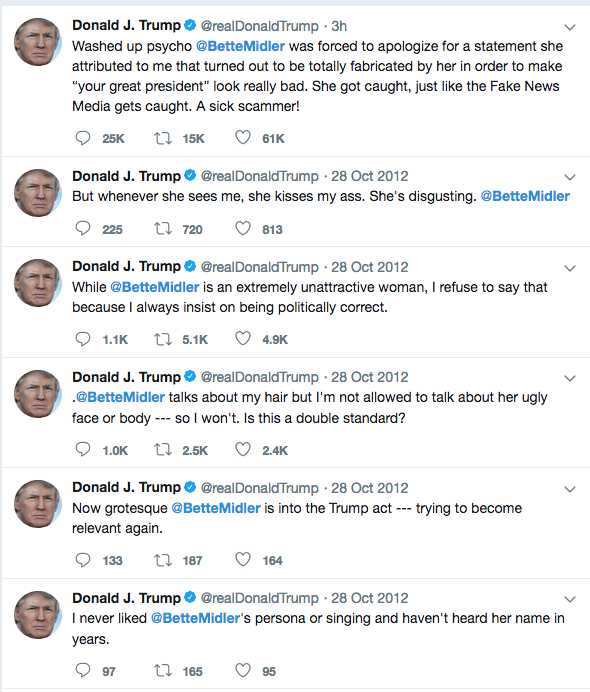 yashar's tweet photo. After @BetteMidler said he ruined New York, Trump rage tweeted about her for an entire day on October 28, 2012 https://t.co/Y7QQF8UElk