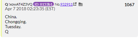 27. QDrop 1067 says something will happen in Chongqing, China on Tuesday. Don't recall any earth shaking BOOMS that day.