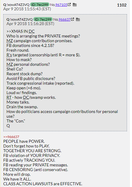 28. QDrop 1102 Q says a class action lawsuit will destroy Facebook and continues his crusade against Jack Dorsey by saying he's next. Facebook has yet to face a class action lawsuit and Dorsey is still CEO of Twitter.