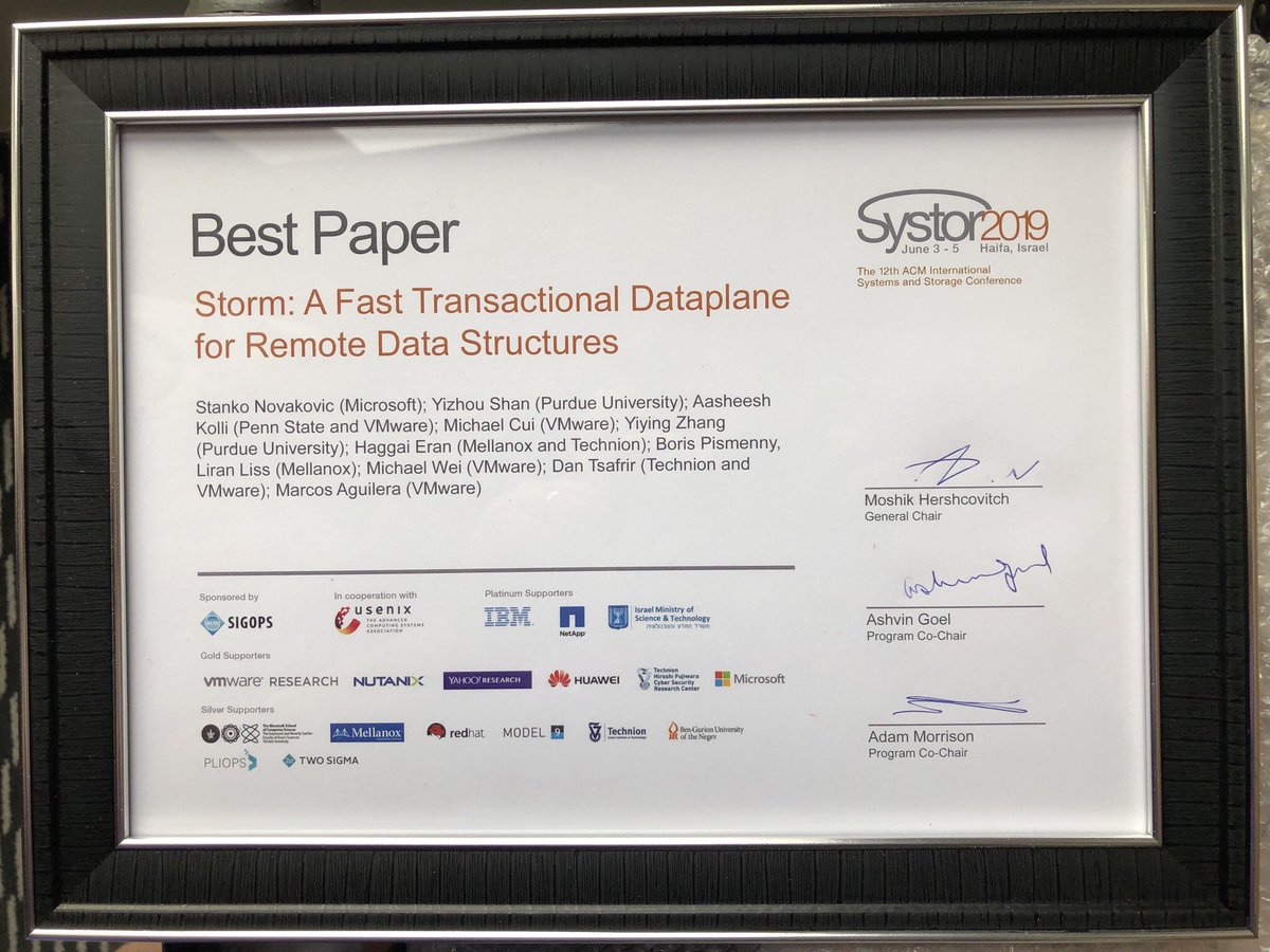 Happy to announce that we received the Best Paper Award (and a nice frame) at this year’s SYSTOR! :) dl.acm.org/citation.cfm?i…