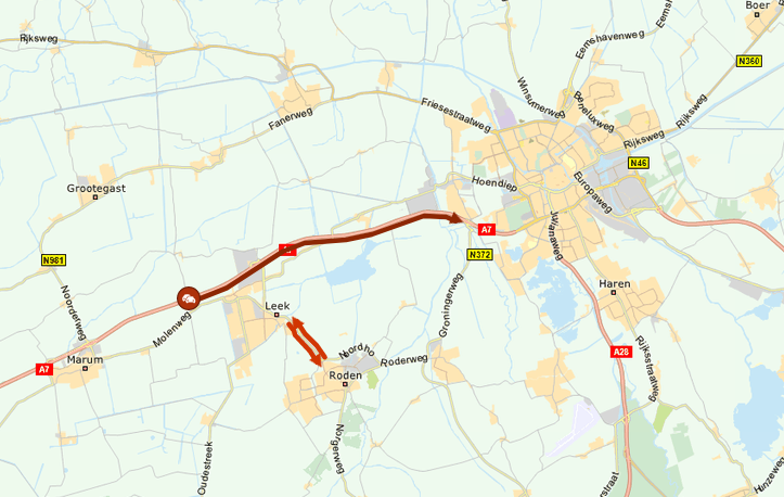 ANWBverkeer's tweet image. Aansluiten richting Groningen op de #A7 tussen Boerakker en Hoogkerk +25 min. En de #N372 Leek &amp;lt;-&amp;gt; Groningen is DICHT tussen Leek en Roden vanwege een gaslek.
