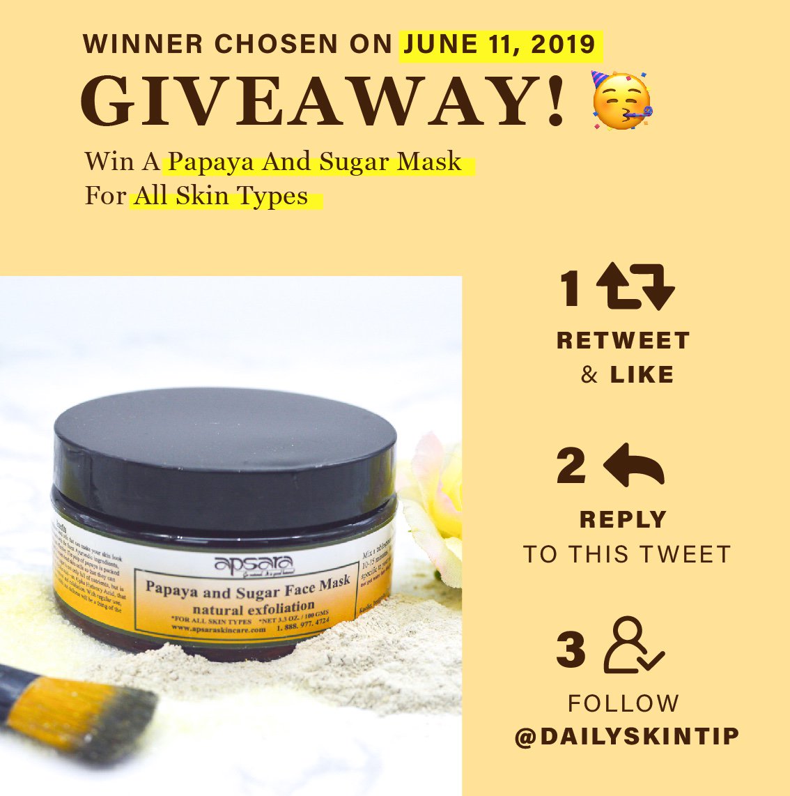 DailySkinTip's tweet photo. #GIVEAWAY TIME!
In this week’s contest you'll get the chance to #win
our Papaya and Sugar Mask!!! 💛
https://t.co/08Dtz3K3V6
To Enter:
1. #RT
2. #Like
3. #Reply &amp; #Follow Us!
👍One winner👏 chosen on Tuesday, June 11, 2019.
#vegan #skincare https://t.co/P9ujvksDuW