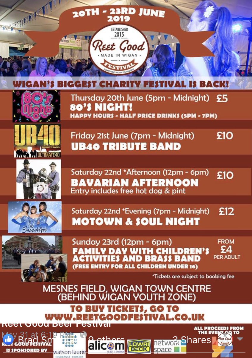 Wigan's biggest Charity Festival is back! 20th-23rd June 2019:

🍸Gin Bar🥂 Prosecco Bar🍺 Beers &amp; Ciders 🍻 Real Ales🌭 Hot Dogs.         🍔 Burgers🌮 Burritos🍟 Fish &amp; Chips🍕Pizza Oven🍦Ice Cream Van

Book your tickets today! 

reetgoodfestival.co.uk