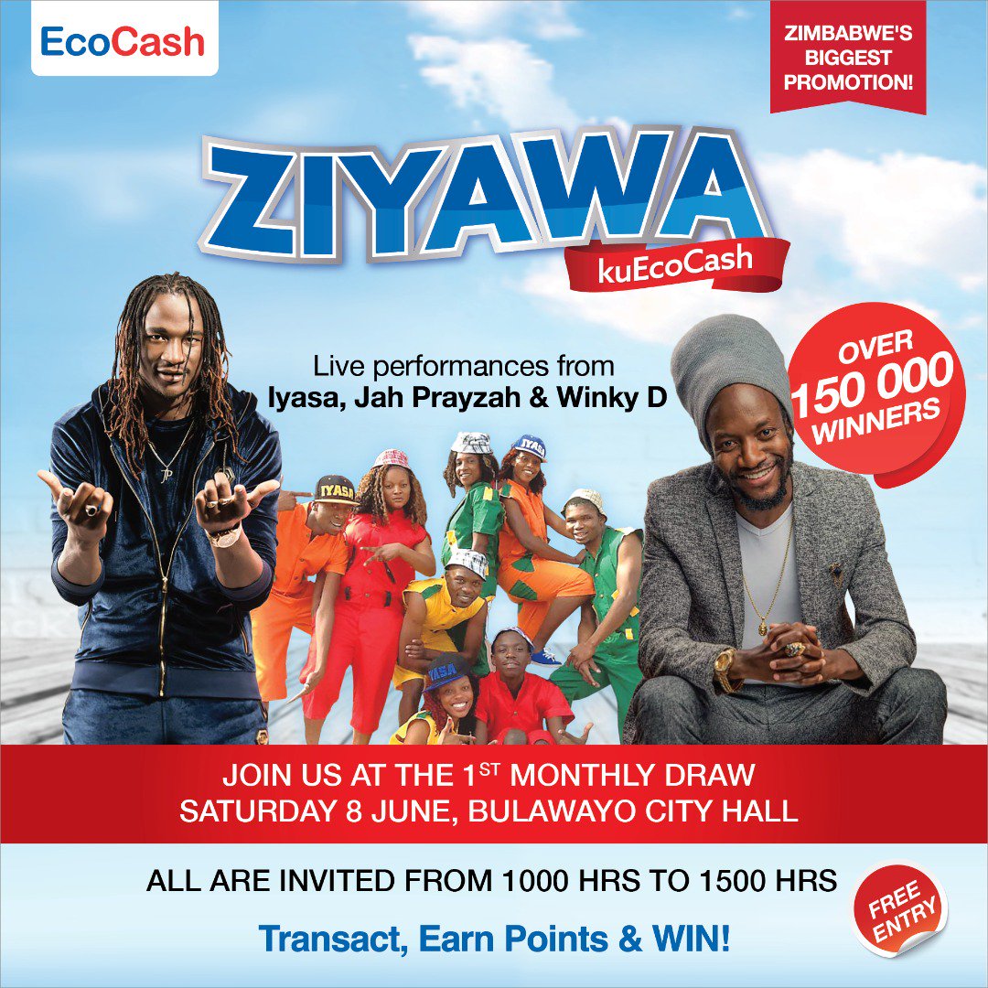 EcoCashZW's tweet photo. Chaka-Chaya,  Ziyawa kuEcoCash first draw is on this Saturday in the City of Kings, Bulawayo at City Hall from 10am to 3pm. Come and witness live performances from Winky D, Jah Prayzah &amp; Iyasa. Lots of spot prizes to be won. https://t.co/ZP9qTssZgF