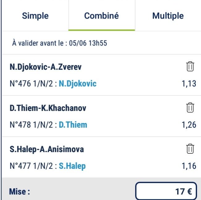 AzayPronos's tweet image. Prono du 05/06 🎾
#RG19

Montante--&amp;gt; 17€ - &amp;gt; 28€

Cote a 1.65

Confiance 75% 🎾

#TeamParieur