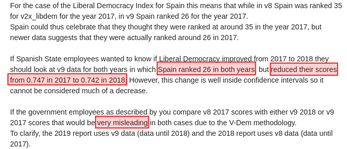 joethebrew's tweet photo. Tal vez es que usted no me cree. No pasa nada: el escepticismo es una virtud necesaria hoy en día.

En este caso, le invito a leer el correo que me envió el equipo V-Dem (adjunto).

Decir que España "mejoró" su puesto este año es, según el V-Dem, "very misleading" (muy engañoso). https://t.co/pygSRl2yb4