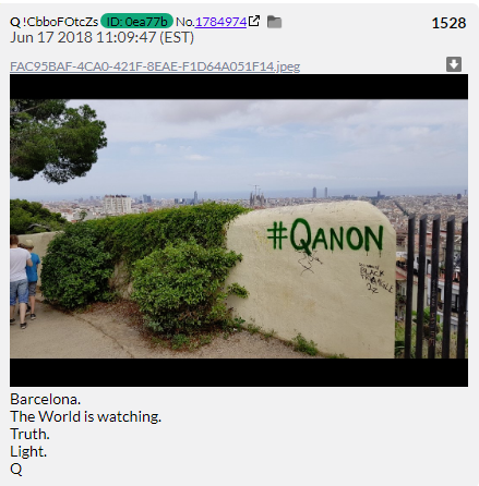 50. QDrop 1528. Q celebrates photoshopped graffiti on a wall in Spain. Super Secret Spy is afflicted with Boomeritus.