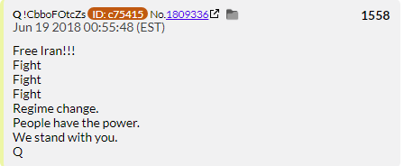 51. QDrop 1558 declared Q is backing the people of Iran in their rebellion against their government. Said rebellion goes nowhere and the Deep State wins again.