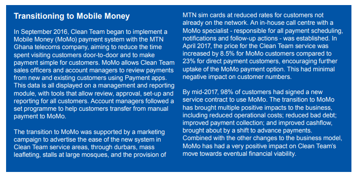 #WASH Great @WSUPUK case study on sanitation service provider (and Container-Based Sanitation Alliance member) @CleanTeamGhana, which is leveraging @MTNGhana's mobile money service (MoMo) to reduce costs and reach more customers. 
wsup.com/content/upload…