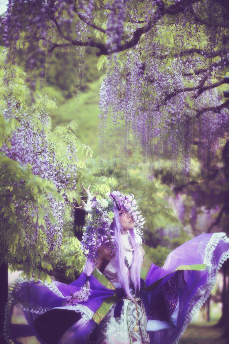 umetikin4warz's tweet photo. 今年は開花が遅れまして
気が急いて
花が咲き誇る前に参りました
それもまた
あなたを思うがゆえなのです

オリジナル：藤鬼
photo：Tom影 @Tom_shadow8080
#花鬼 #創作コス #角処夏梅 https://t.co/Hv1V9k7yRc