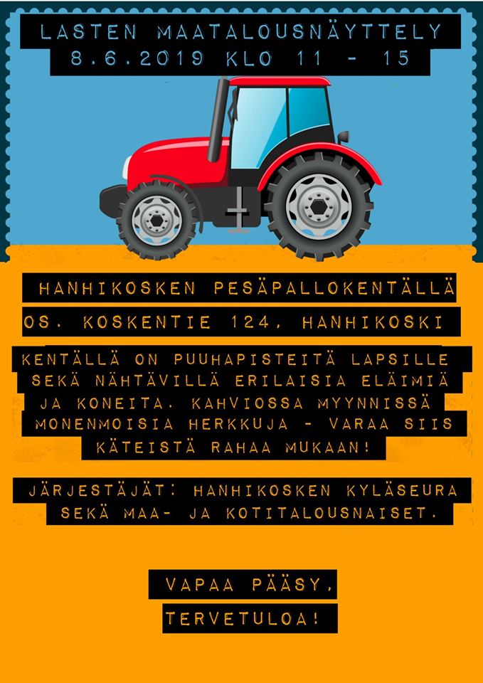 Huh-huh! Se on pian viikonloppu! Ja silloin Hanhikoskella on jälleen lastentapahtumien aateli: Lasten maatalousnäyttely 😍
Ei muutakun hypätkää menoon mukaan, Tervetuloa!

#maaseutu #avoimetkylät #avoimetkylät2019 #Seinäjoki #elämisenavaruutta #avaruudenpääkaupunki