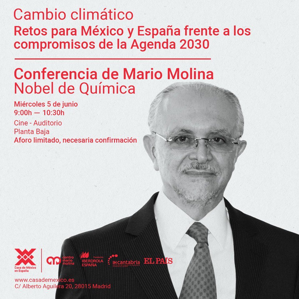 casademexicoesp's tweet photo. Da comienzo la conferencia "Cambio climático | Retos para México y España frente a los compromisos de la #Agenda2030" Es un honor tener en #CasadeMéxico al Nobel de Química, Mario Molina. https://t.co/N3OzRhxtF9