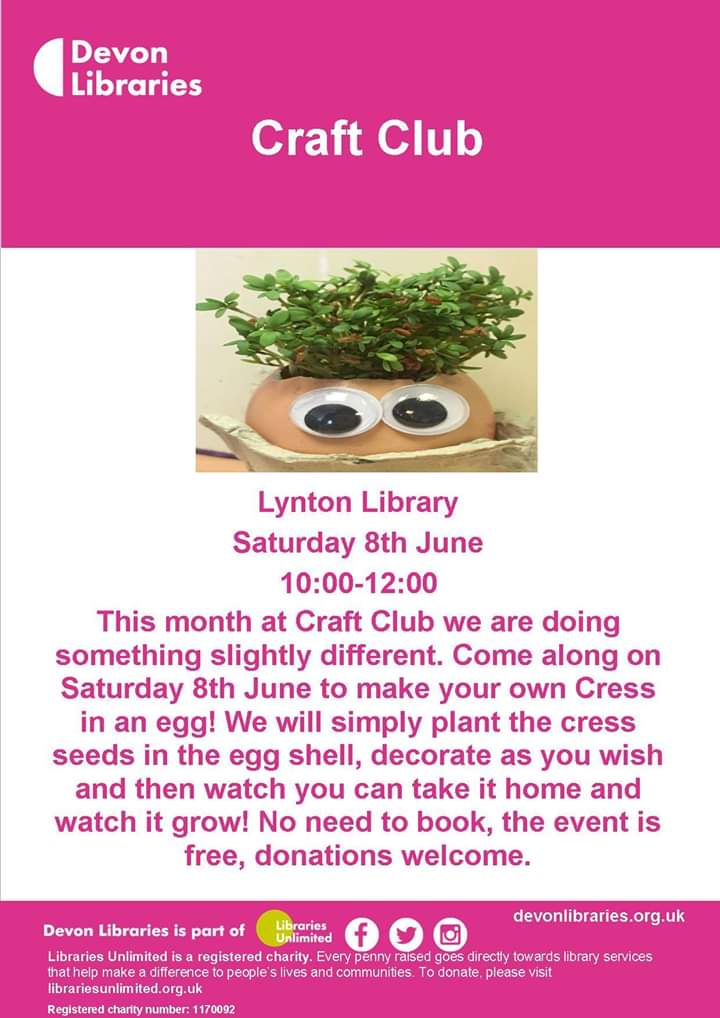 Craft Club <a href="/LyntonLibrary/">Lynton Library</a> on Saturday, hope to see you there <a href="/LyntonLibrary/">Lynton Library</a> <a href="/LLCliffRailway/">Cliff Railway Lynton</a> <a href="/Lyntoncinema/">Lynton Cinema</a> @LyntonLynmouth