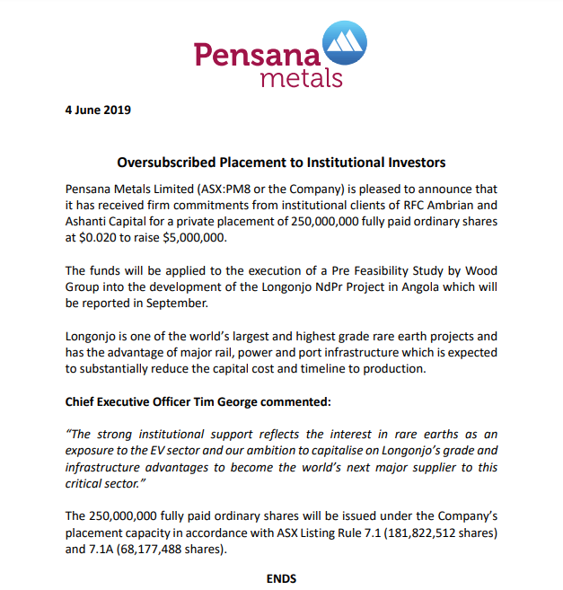 $PM8 Oversubscribed Placement to #Institutional #Investors. $PM8 announces that it has received firm #commitments from institutional #clients of <a href="/RFCAmbrian/">RFCAmbrian</a> and <a href="/ashanticapital/">ashantiCapital</a> for a private placement of 250,000,000 fully paid ordinary #shares at $0.020 to raise $5,000,000.