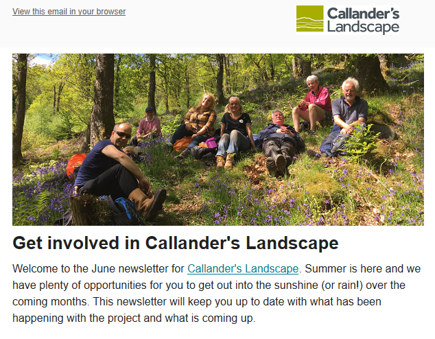 CallandersLand's tweet photo. There are plenty of opportunities to get outside and get involved in #CallandersLandscape in our latest newsletter 📩🌳☀️Not yet subscribed? Sign up here to receive regular updates on the project and upcoming volunteering opportunities direct to your inbox https://t.co/MIrWpUeAvh https://t.co/Dz2XBV3hx3