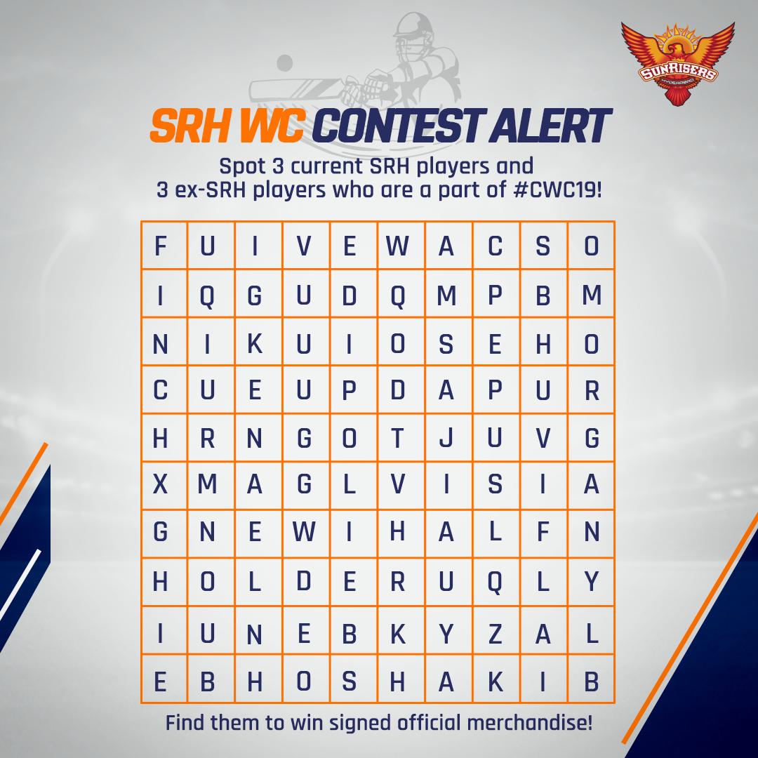 🚨 #ContestAlert 🚨

Simply spot 3 current &amp; 3 ex-SRH players who are playing at the #CWC19 in the puzzle and lucky winners will win autographed SRH merchandise. Hurry up and get going!

#RisersAtCWC19 #OrangeArmy #RiseWithUs