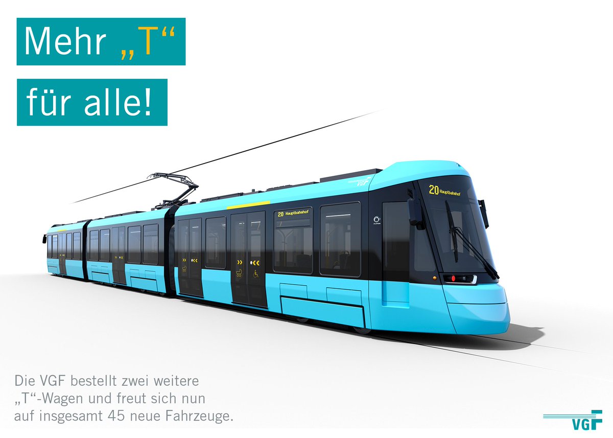 ❗VGF bestellt zwei weitere "T-"Wagen❗
Der VGF-Aufsichtsrat hat beschlossen, zwei zusätzliche Straßenbahnen des Typs „T“ beim französischen Hersteller Alstom zu kaufen. Damit erhöht sich die Gesamtzahl auf 45. Alle Infos: vgf.fm/byt
