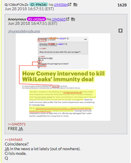 57. QDrop 1628 continues to hype Assange as a key to destroying the Deep State. Even now QAnon think the massive charges against him are all a cover for him blowing the lid off this whole affair.