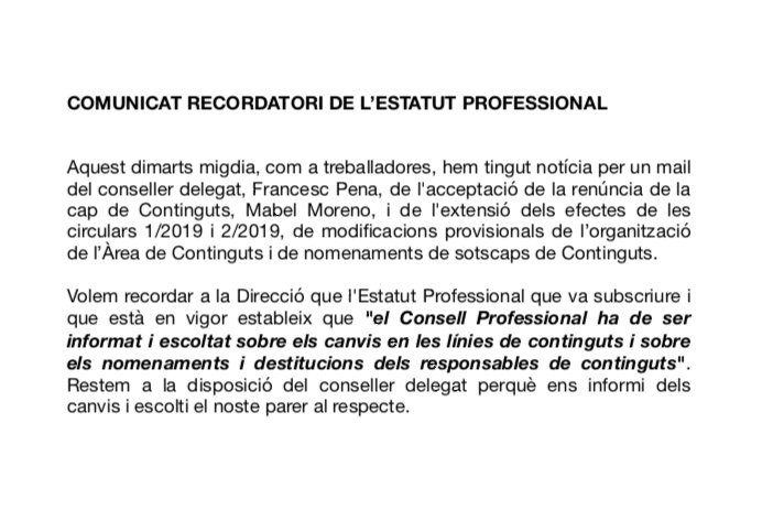 📚L'Estatut Professional de La XAL diu que la Direcció ha d'informar i escoltar aquest Consell quan nomeni responsables de continguts. Després de la renúncia de Mabel Moreno, estem a disposició del conseller delegat, <a href="/francescpena/">Francesc Pena</a>, per expressar-li el parer dels professionals.