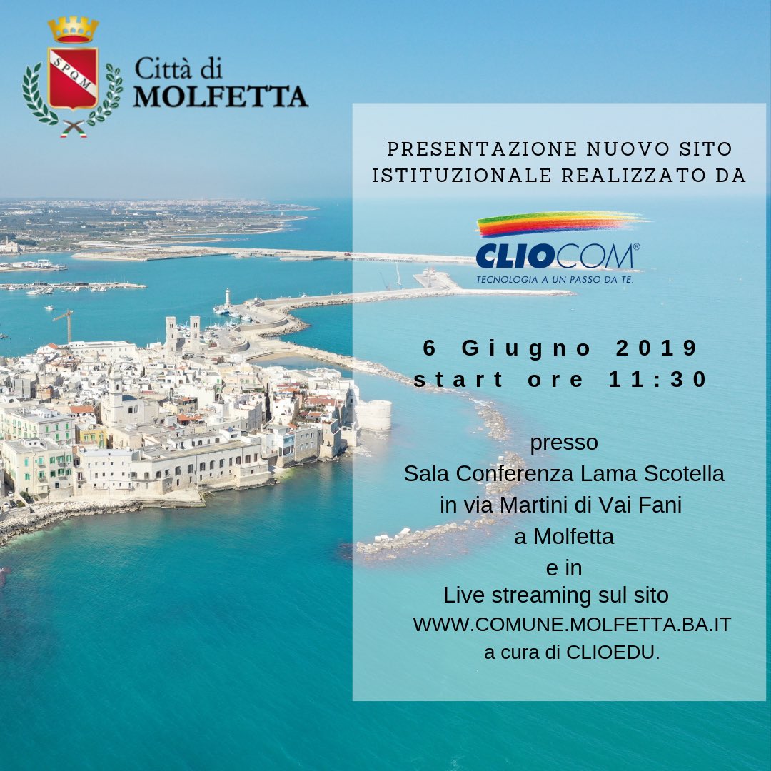 Nuovo sito istituzionale a cura di @cliocom.
Domani 6 giugno ore 11.30
Potete seguire l’evento in presenza presso la Sala Conferenza Lama Scotella in via Martini di Vai Fani a Molfetta o in diretta streaming sul sito del comune, a cura di @clioedu 
COMUNE.MOLFETTA.BA.IT
