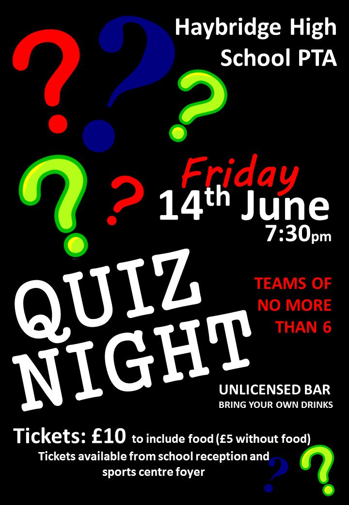 HaybridgePTA's tweet photo. PTA Quiz - Friday 14th June https://t.co/AAhq6Uv0Ug
