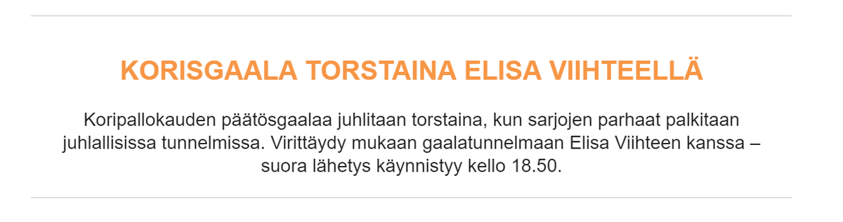 LindenJakke's tweet photo. Mistä huomaa, että Koripalloliiton 9kk päätuotteen (Korisliiga) aika on loppunut tältä sesongilta? Huomisesta Korisliigan päätösgaalasta, joka televisioidaan Elisa Viihteeltä ei tiedoteta muualla kuin Susijengin 6. Pelaaja sähköpostissa. #korisliiga https://t.co/0G4V1Xr2AR