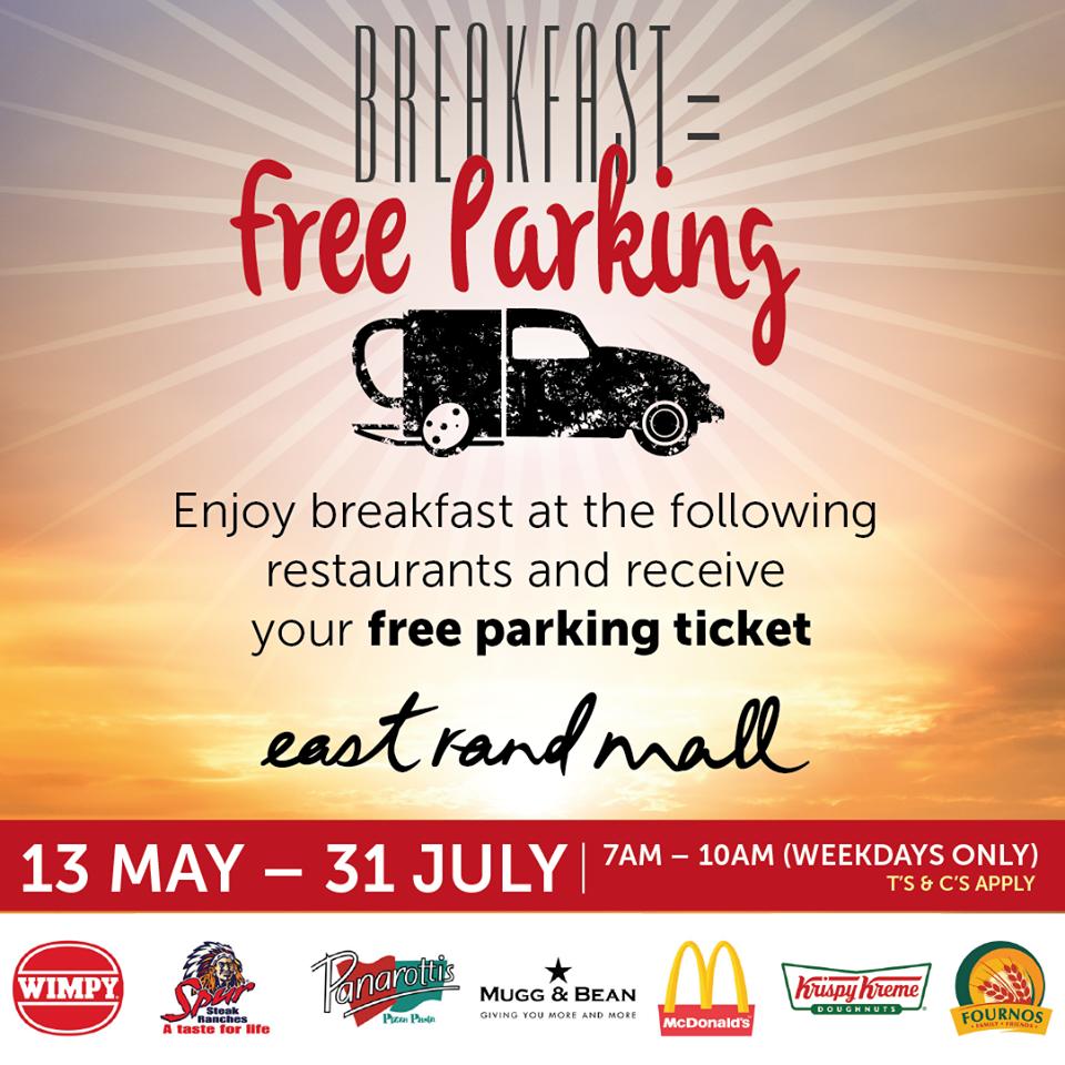 "BREAKFAST = PARKING! Enjoy #breakfast at participating restaurants from Monday – Friday, 7am – 10am and collect your free parking ticket. Valid until 31 July 2019. T’s &amp; C’s Apply.🤩
#Breakfast #Free"