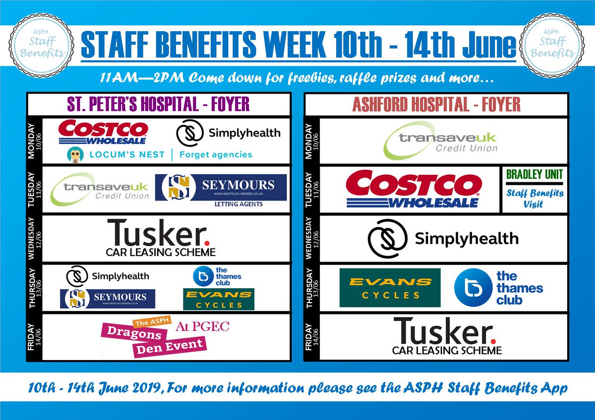 ASPH Staff Benefits (@asphsb) on Twitter photo STAFF BENEFITS WEEK - 10th-14th June, it's that time of year again! Speak to the companies we work with, find out about the fantastic discounts on offer, grab some Cadbury chocolate and Nature Valley bars, raffles with fab prizes and more, don't miss it! <a href="/ASPHFT/">Ashford & St Peter's</a> <a href="/asphrecruitment/">ASPH Careers</a> STAFF BENEFITS WEEK - 10th-14th June, it's that time of year again! Speak to the companies we work with, find out about the fantastic discounts on offer, grab some Cadbury chocolate and Nature Valley bars, raffles with fab prizes and more, don't miss it! <a href="/ASPHFT/">Ashford & St Peter's</a> <a href="/asphrecruitment/">ASPH Careers</a>