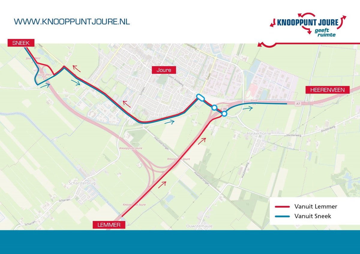 Vanavond (6 juni) is de boog vanuit Sneek naar Heerenveen/Joure en de boog vanuit Lemmer naar Sneek vanaf 20.00 uur afgesloten. Het verkeer leiden we om via Joure-West, Sewei en toe-/afrit Joure (zie kaartje). De werkzaamheden duren tot morgenochtend 06.00 uur.