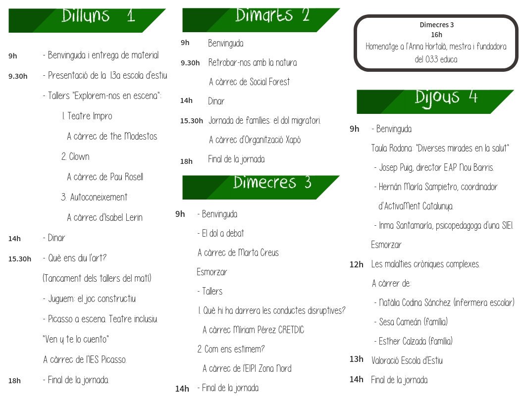 Vine a la 13a Escola d'Estiu del <a href="/033educa/">033educa</a> de #NouBarris 

Aquest any treballarem el tema de la #Salut dels infants, joves i professionals de l'educació: "Manual de cures intensives"

Farem tallers, xerrades, taules rodones...

Està certificada pel Departament d'Educació.