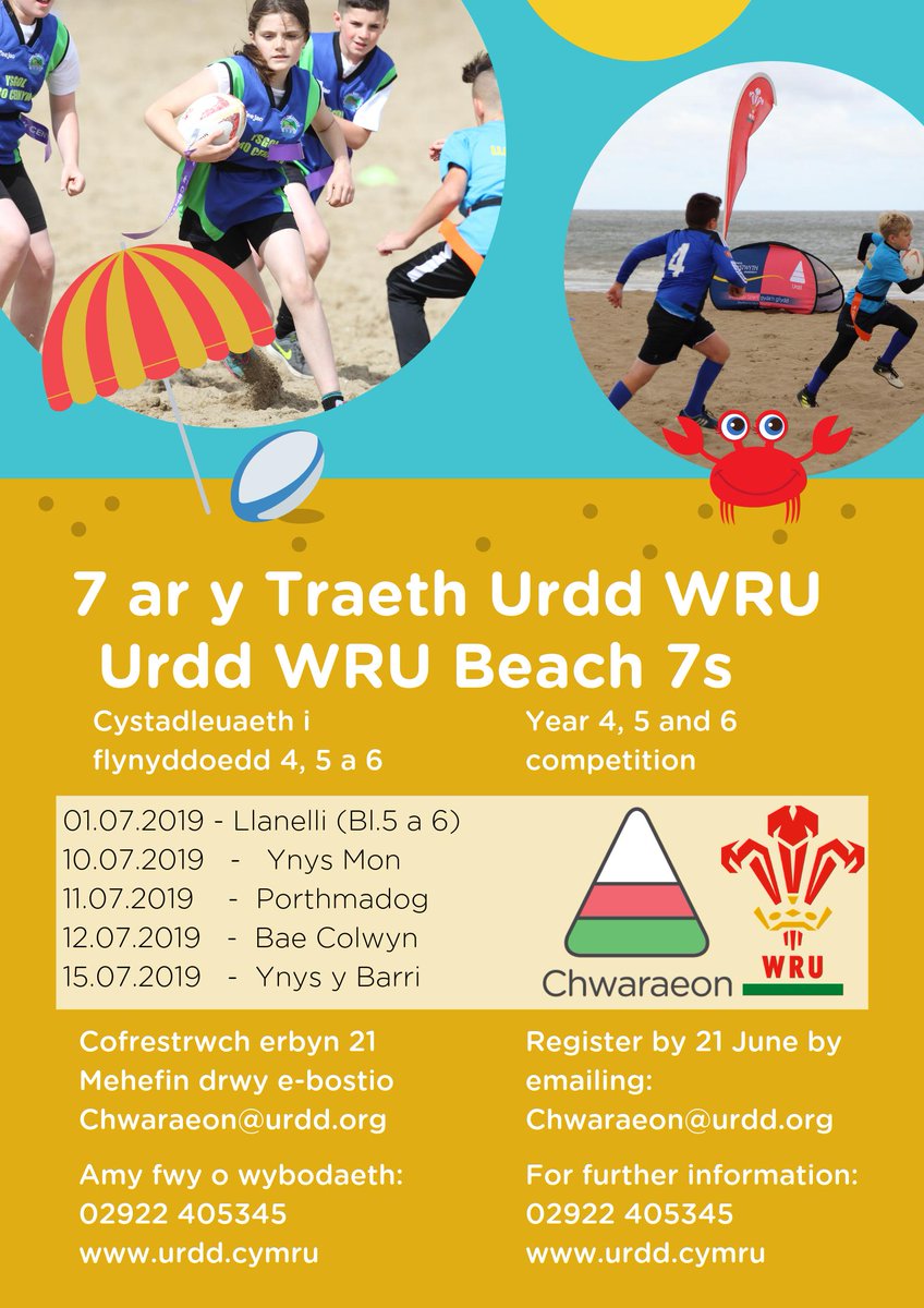 UrddWRU7's tweet photo. 🏖️ Rygbi, tywod, môr a haul (🤞) ! Cofrestrwch eich ysgol gynradd ar gyfer gŵyl rygbi traeth #UrddWRU heddiw.

🏖️ Rugby, sand, sea and sun (🤞)! Register your Primary School for this years #UrddWRU beach rugby festival today.

#TagArYTraeth19 #UrddWRU19 🏉 😎 https://t.co/agtGw6oK2o