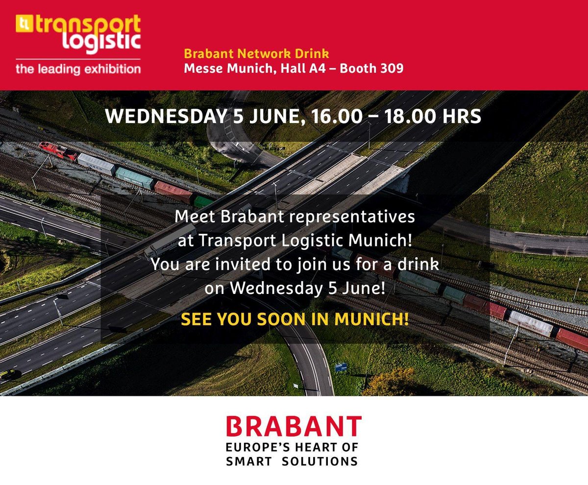 NBSO_FRANKFURT's tweet photo. Today the Province of Brabant stands in the spotlights at @transport_messe in Munich! Meet all of the Brabant representatives at the Network Drink 4PM A4.309! @DinalogNews @nvrewin @ProvincieNB @MidpointBrabant @BOMBrabant @PortOfMoerdijk @LogistiekNOB @NLinMUC #NBSO https://t.co/oMpK7qy8MK
