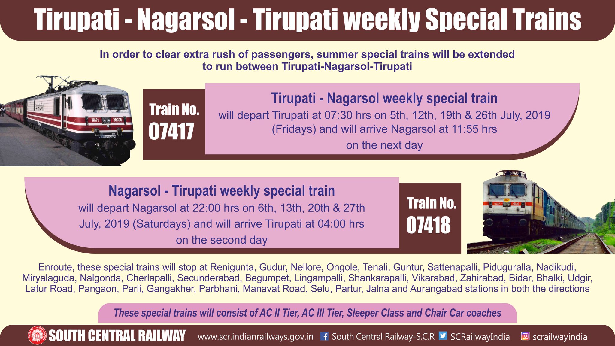South Central Railway Tirupati Nagarsol Tirupati Weekly Special Trains Railminindia Piyushgoyal