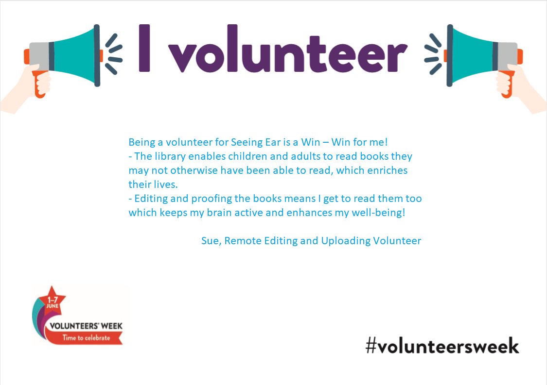 TheSeeingEar's tweet photo. Sue says "The library enables children and adults to read books they may not otherwise have been able to read, which enriches their lives. Editing and proofing the books means I get to read them too which keeps my brain active and enhances my well-being!" https://t.co/meBCkpXW6b