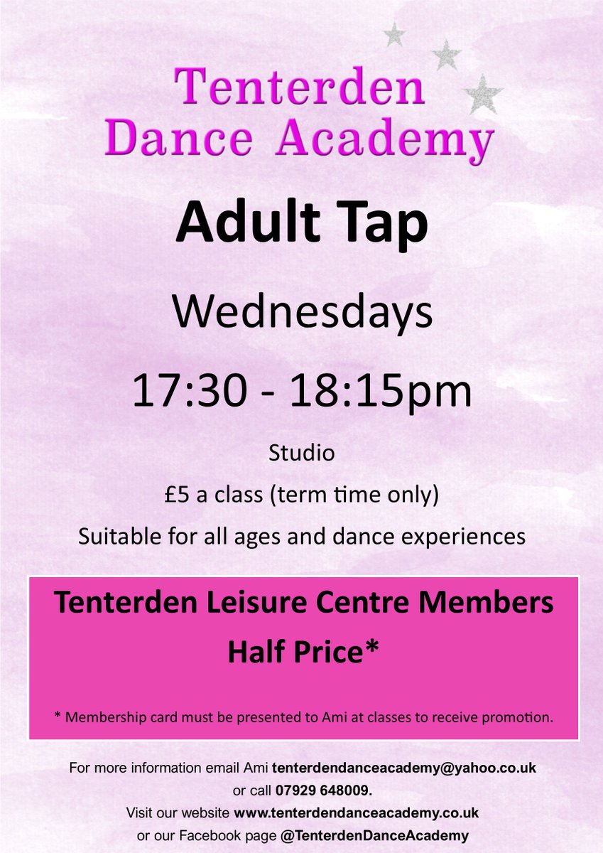 SwimInTenterden's tweet photo. ADULT TAP LESSONS
Weds 17:30-18:15
£5 a class * Half price for TLC Members!*
Suitable for all ages and dance experiences
Must bring own tap shoes
To book call 01580 765 987
For more info email Ami - tenterdendanceacademy@yahoo.co.uk 
Keeeeeep dancin!  https://t.co/vq2OHZCU9Q https://t.co/8DB5hnhqPm