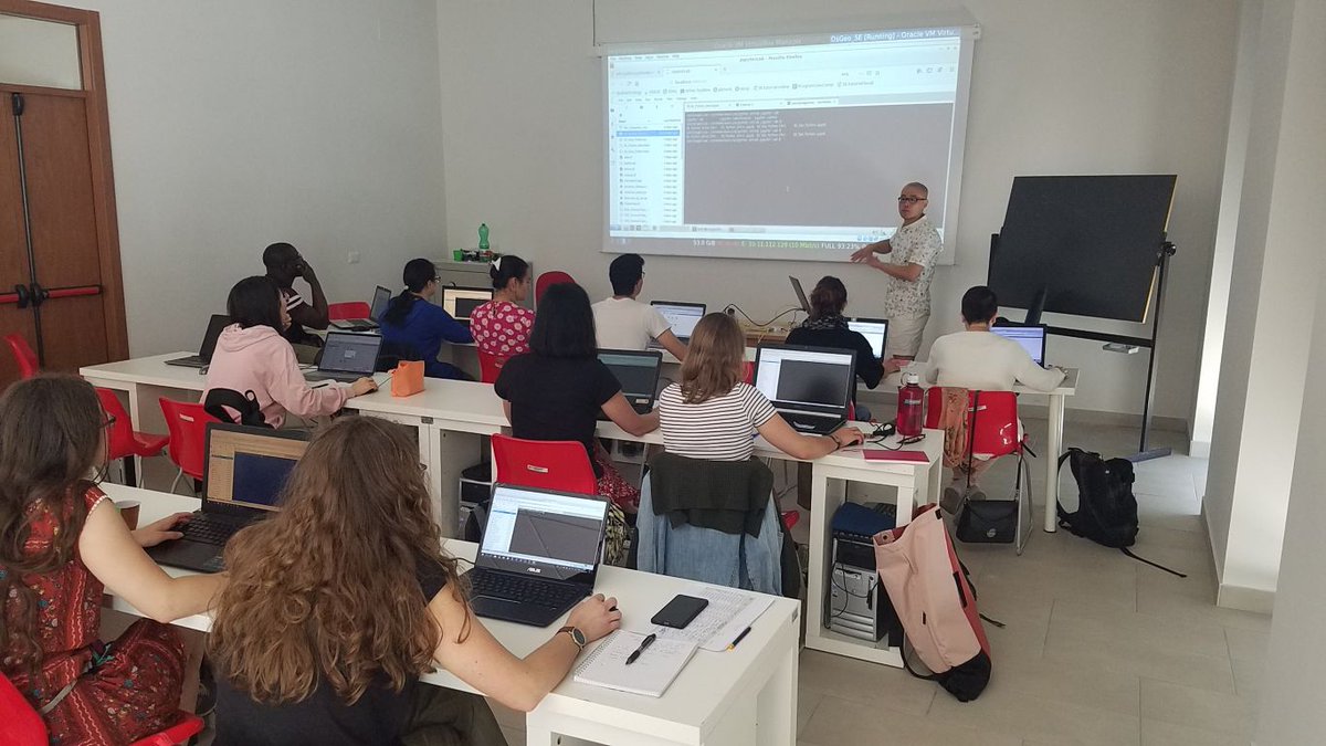 BigDataEcology's tweet photo. Day 3 of the #Geocomputation summer school @Matera, Italy. L Shen @AquiTatu teaching basic #python F. Lovergine teaching advance #geopython | G. Amatulli @YaleCRC @BigDataEcology A. Fonseca @AF_CompNeuro | #DataScience | #GeoCompCourse | info at https://t.co/d5CvM934yz https://t.co/n0gEHLT1Ui