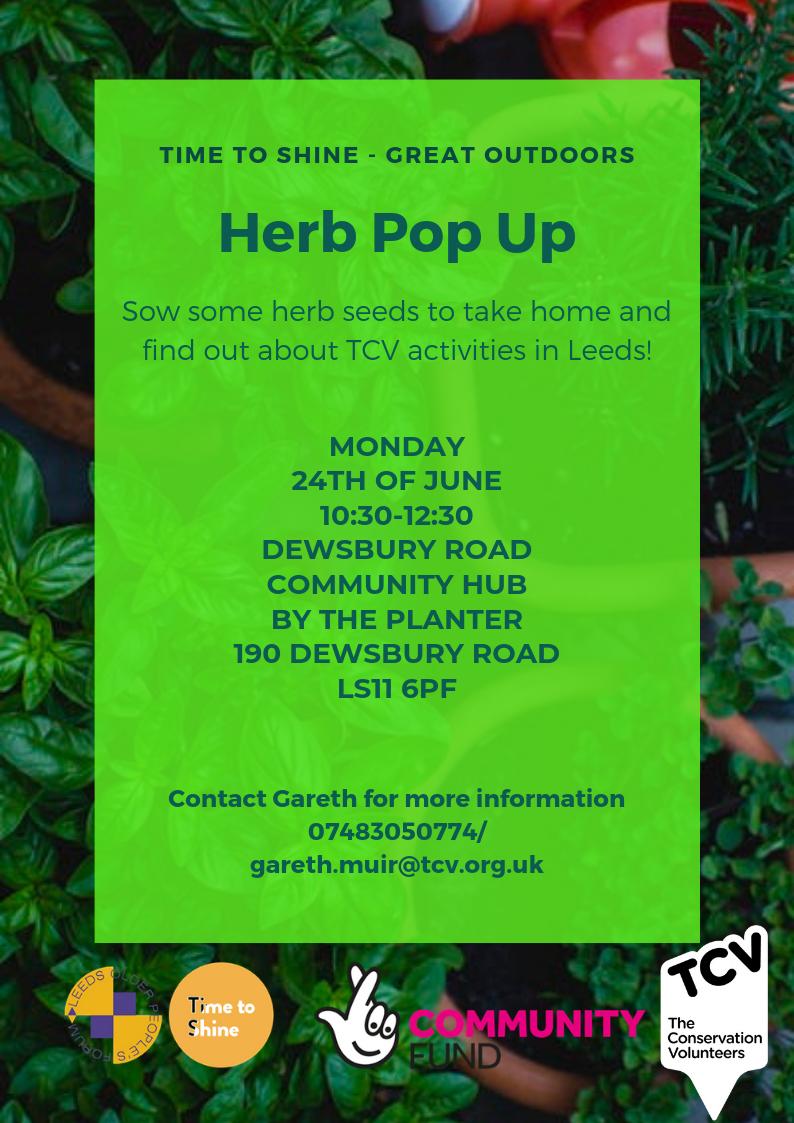 Herb Pop Up @DewsburyRoadHub. An excellent opportunity to get stuck into some outdoor volunteering. Drop by next Monday from 10:30am-12:30pm to sow some herb seeds to take home and to find out about more activities in Leeds! Contact @garethhollybush for more details