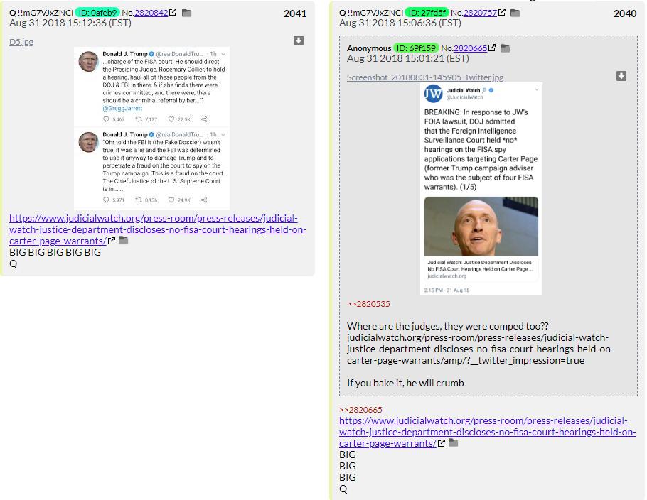 71. QDrops 2040 and 2041 freak out about the Carter Page FISA warrants. It's really BIG BIG BIG. Remember when QAnon folks freak out about the Barr DECLAS that Q's been beating this dead horse for nearly a year now.