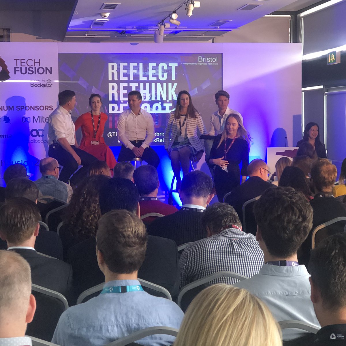 TEDxBristol's tweet image. Panel in place.... here we go! #TechFusion2019 @TechFusionExpo @moni_gi @Hart_Jason @blackstarsols @wethecurious_ @Mitel @jamespotten @okkohealth @SETsquared_Br @Slidoapp #ReflectRethinkReboot