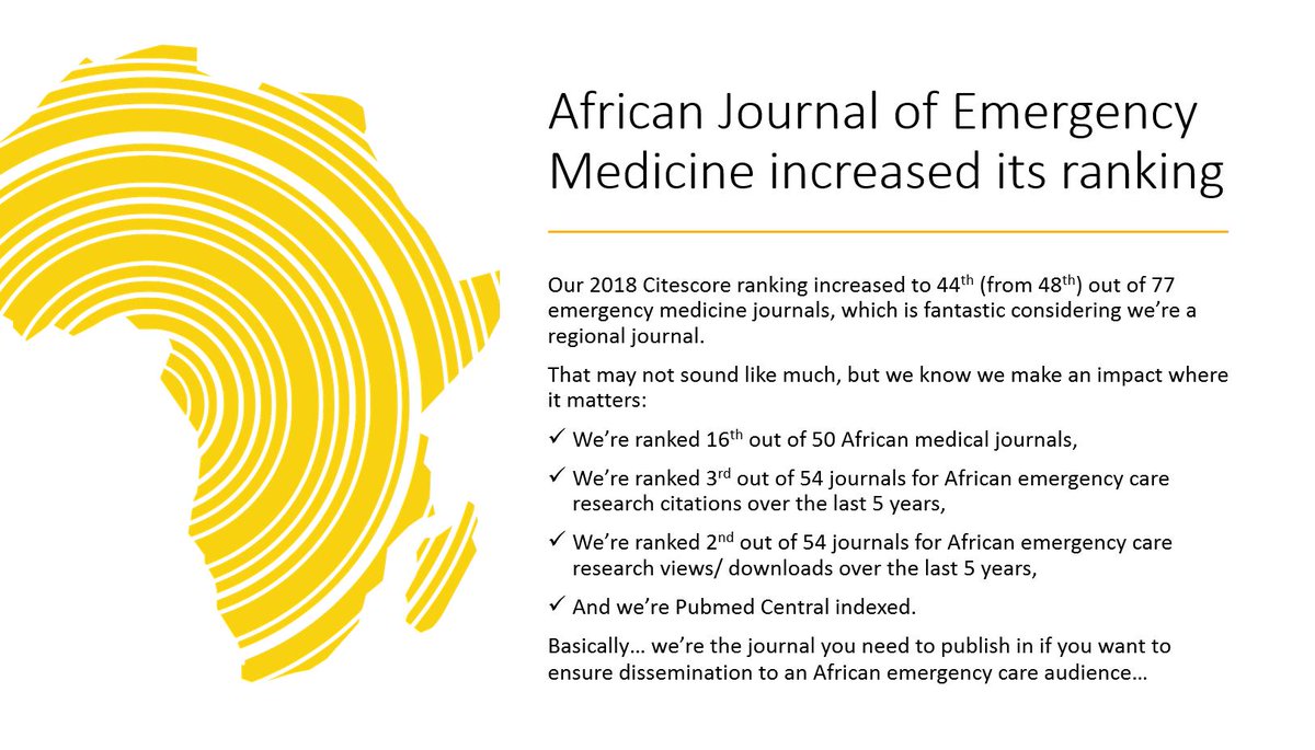 Afr J Emerg Med (@afjem) on Twitter photo The <a href="/AfJEM/">Afr J Emerg Med</a> increased its ranking (again)
Citescore: 0.58, from 0.45
Also:
16/ 50 African medical journals,
3/ 54 journals for African emergency care research citations,
2/ 54 journals for African emergency care research views,
& we’re in Pubmed Central.
Why publish anywhere else? The <a href="/AfJEM/">Afr J Emerg Med</a> increased its ranking (again)
Citescore: 0.58, from 0.45
Also:
16/ 50 African medical journals,
3/ 54 journals for African emergency care research citations,
2/ 54 journals for African emergency care research views,
& we’re in Pubmed Central.
Why publish anywhere else?