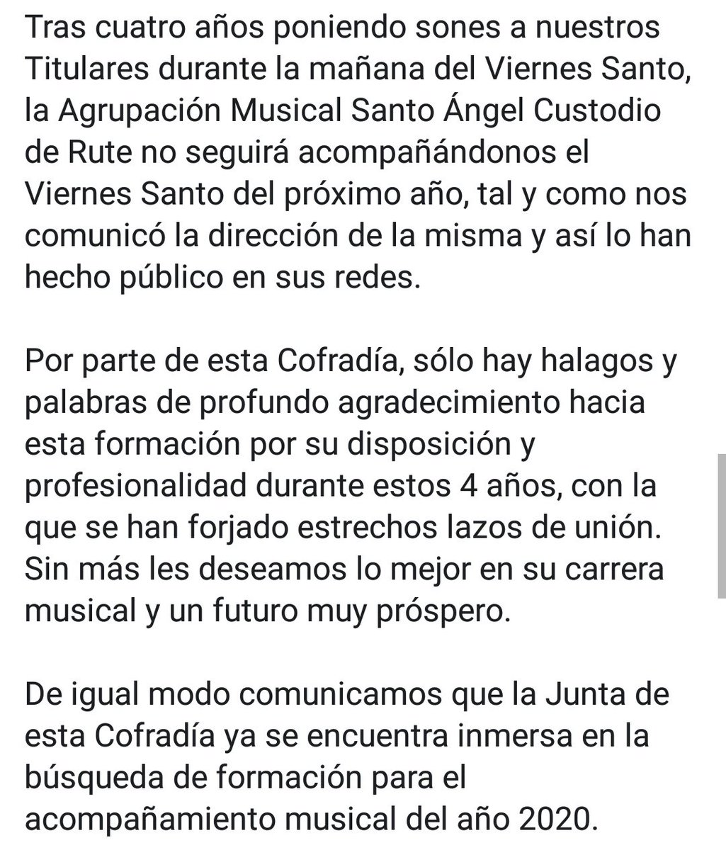 SJuanMagdalena's tweet photo. COMUNICADO

@AM_sAc no seguirá acompañándonos el Viernes Santo del próximo año https://t.co/1WSXydjvP9