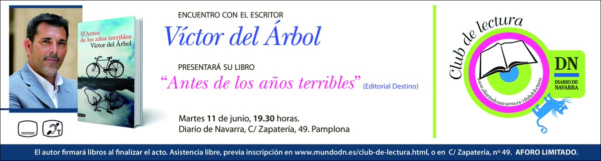 Buenas noticias. El 11JUN, 19:30, <a href="/Victordelarbol/">Victor del Arbol</a> nos trae "Antes de los años terribles". Invitaciones en Zapatería, 49 o en Mundo DN mundodn.es/encuentro-del-…