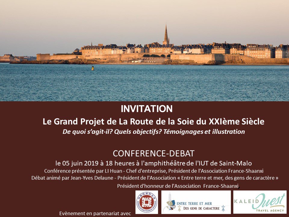 IUTSAINTMALO's tweet photo. Ce soir l'IUT accueille une conférence-débat sur le projet de Route de la Soie du XXIème siècle. 
Une conférence présentée par M. Li Huan, président de l'association France-ShaanXi qui vous permettra de mieux comprendre les enjeux et retombées de ce projet.
#OneRoadOneBelt https://t.co/q10YMXAmyU