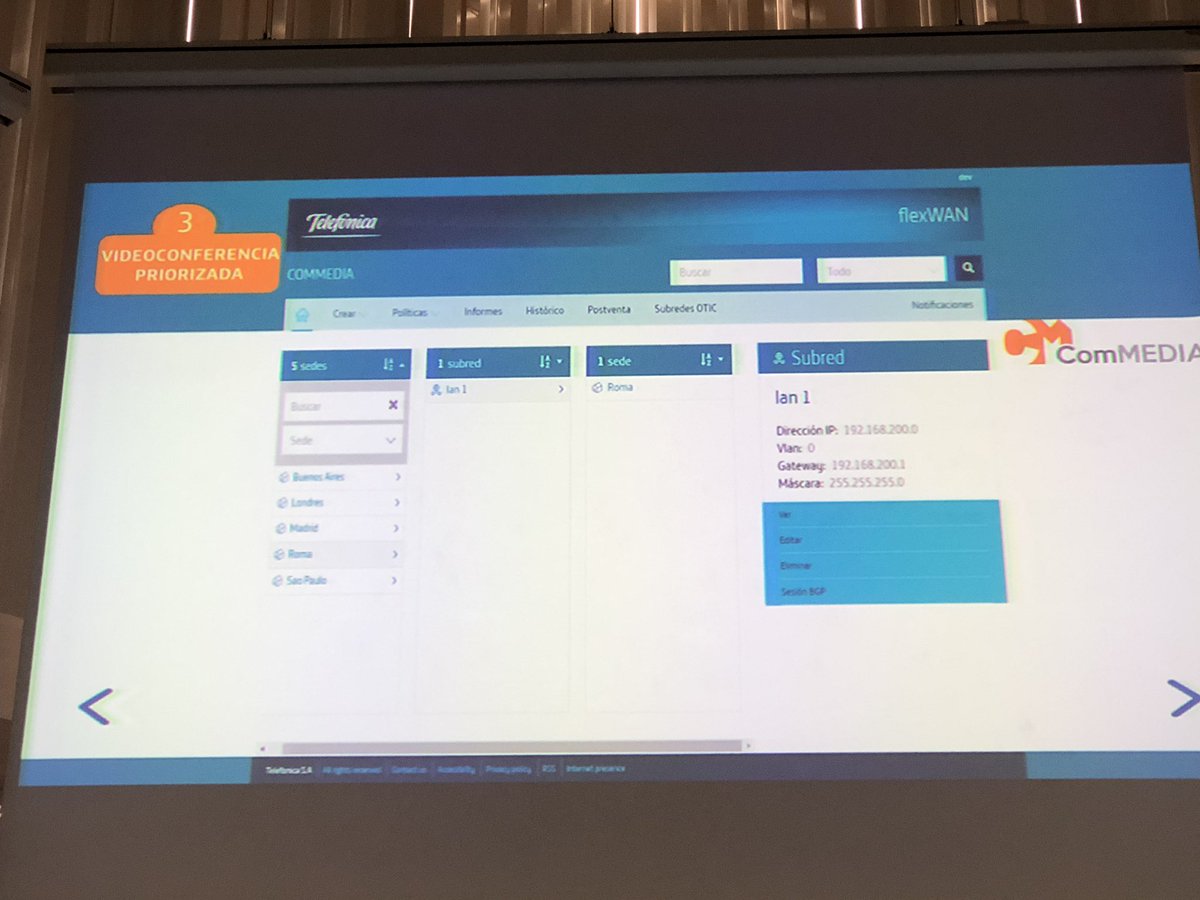 IngensNetworks's tweet photo. Nos introducen demo de SDN que ha creado @Telefonica con su solución propietaria conocida como #flexONE, plataforma donde podremos gestionar toda la capa de networking y priorización de traficos o despliegue de delegaciones de forma fácil e intuitiva @eglezcaso @diegorh #flexweek https://t.co/cZChvyBzHh